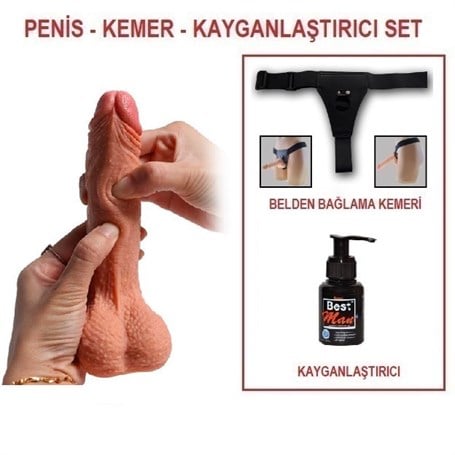 18,5 cm Belden Bağlamalı Çift Katmanlı Realistik Dildo Penis Set - kadikoyseksshop.com