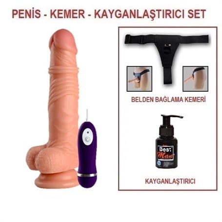 19 cm Belden Bağlamalı Titreşimli Realistik Dildo Penis Set - kadikoyseksshop.com