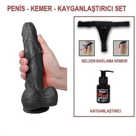 23,5 cm Belden Bağlamalı Realistik Dildo Zenci Penis Set - kadikoyseksshop.com